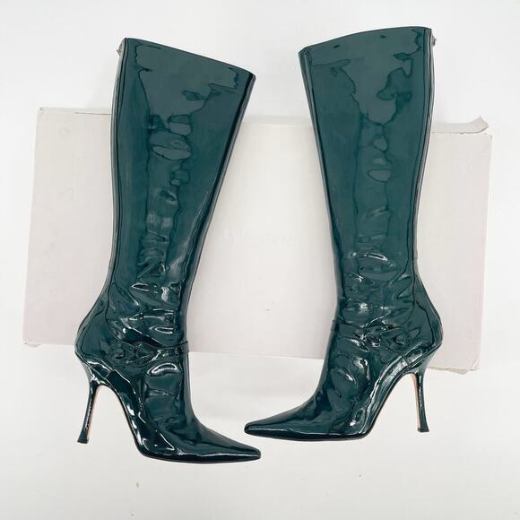 Retro Jimmy Choo Bottle Green Simple Patent Leather Pointed Toe Boot size IT 37 - Picture 1 of 14